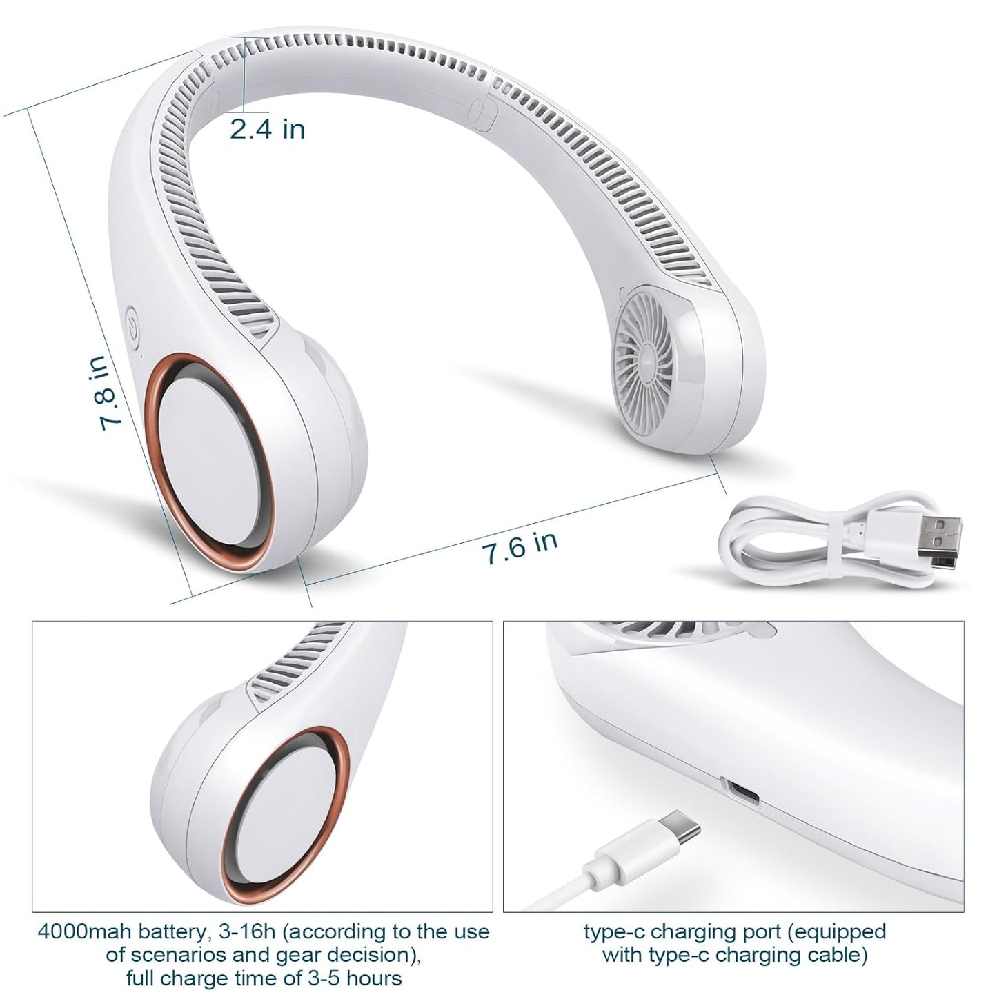 New Portable Neck Fan for Men and Women Bladeless Hands-Free Personal Fan with 3 Speed Modes 2000mAh Rechargeable Battery Twistable