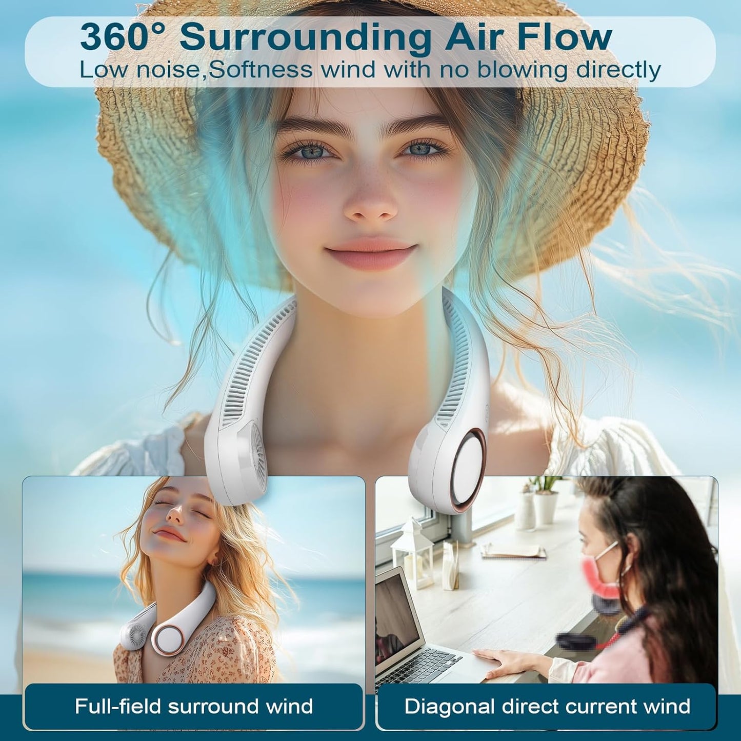 New Portable Neck Fan for Men and Women Bladeless Hands-Free Personal Fan with 3 Speed Modes 2000mAh Rechargeable Battery Twistable